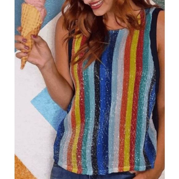 Eva Franco Tops - Eva Franco Coconinno Rainbow Sequin Stripe Keyhole Sleeveless Top - Medium